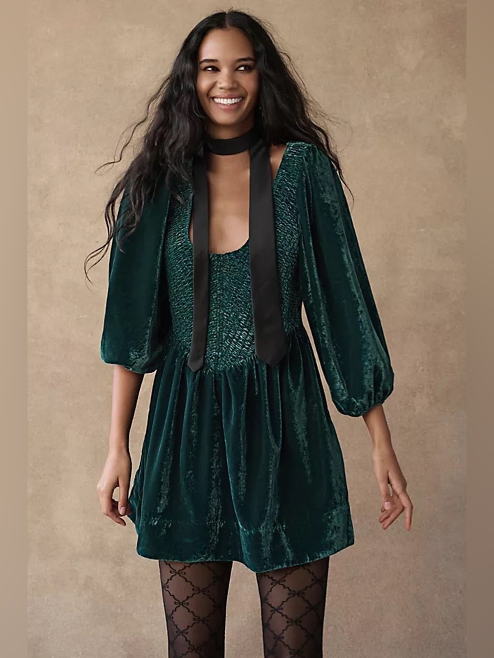 Free People Ferrier Green Velvet Smocked Bodice Babydoll Mini Dress Size:XL